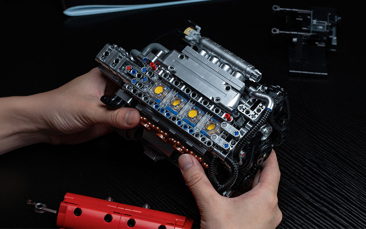 Red DOHC profile with layered mechanical detail